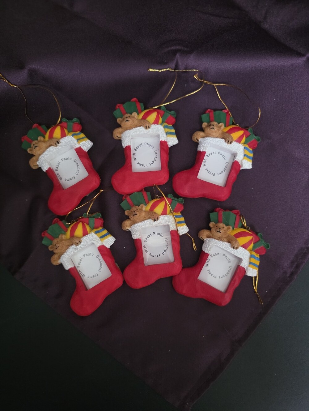 Set of 6 Christmas Stocking Picture Frame Ornaments Hand-Painted NWT